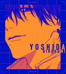 Rule 34 | 1boy, blue theme, chainsaw man, character name, ear piercing, grid background, hair over eyes, half-closed eyes, head only, highres, hirofumi yoshida, izumi (kisshot1126), limited palette, looking at viewer, male focus, mole, mole under mouth, piercing, smirk, solo, yellow theme
