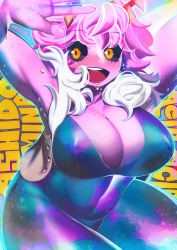 Rule 34 | 1girl, arms up, ashido mina, black sclera, bodysuit, boku no hero academia, breasts, cleavage, colored sclera, colored skin, covered navel, fur trim, hakkasame, highres, horns, large breasts, messy hair, open mouth, pink hair, pink skin, short hair, sleeveless, smile, solo, teeth, tongue, upper teeth only, vest, yellow eyes