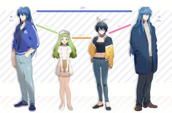 Rule 34 | 2boys, 2girls, :d, belt, black belt, black footwear, black hair, black pants, black shirt, blue coat, blue eyes, blue footwear, blue hair, blue jacket, bow hairband, breasts, brothers, brown footwear, character request, choker, cleavage, clipboard, closed mouth, coat, collarbone, commentary, copyright request, crop top, denim, dress, flats, full body, green eyes, green hair, hair between eyes, hairband, hand in pocket, hand on own hip, hands in pockets, highres, holding, holding clipboard, hood, hood down, jacket, jeans, kaze-hime, lineup, long hair, long sleeves, looking at viewer, midriff, multiple boys, multiple girls, navel, open clothes, open jacket, open mouth, pants, partially unzipped, ponytail, puffy short sleeves, puffy sleeves, shirt, shoes, short hair, short sleeves, siblings, sidelocks, smile, sneakers, standing, striped, striped background, sweater, symbol-only commentary, track jacket, translation request, white dress, white footwear, white hairband, white headwear