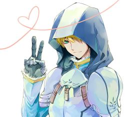 Rule 34 | 1boy, armor, arthur pendragon (fate), blonde hair, fate/grand order, fate/prototype, fate (series), green eyes, hood, looking at viewer, male focus, meimi k, short hair, simple background, solo, v, white background