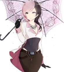 Rule 34 | 1girl, absurdres, artist name, bead necklace, beads, belt, black belt, black gloves, black leotard, black pants, breasts, brown eyes, brown hair, cleavage, crossed legs, gloves, heterochromia, highres, holding, holding umbrella, jacket, jewelry, leotard, lips, long hair, long sleeves, looking to the side, medium breasts, multicolored hair, necklace, neo politan, pants, pink eyes, pink hair, pink umbrella, print umbrella, rwby, simple background, solo, standing, sunnypoppy, two-tone hair, umbrella, white background, white jacket
