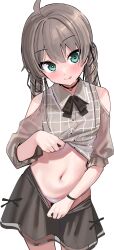Rule 34 | 1girl, :q, ahoge, black bow, black choker, black ribbon, black skirt, blush, bow, brown hair, choker, closed mouth, clothes lift, clothes pull, clothing cutout, commentary request, green eyes, grey shirt, hair between eyes, hair ribbon, head tilt, highres, hololive, kanzarin, lifting own clothes, long hair, natsuiro matsuri, navel, panties, puffy short sleeves, puffy sleeves, pulling own clothes, ribbon, shirt, shirt lift, short sleeves, shoulder cutout, simple background, skirt, skirt pull, smile, solo, tongue, tongue out, underwear, virtual youtuber, white background, white panties