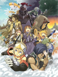 Rule 34 | 6+boys, 6+girls, aircraft, airship, animal ears, armor, belt, black hair, black vest, blonde hair, blue eyes, blush stickers, breasts, brown cloak, brown eyes, brown hair, cape, cat, character request, cleavage, cloak, cloud, copyright request, cowboy hat, dark skin, dated commentary, denchuubou, dress, elbow gloves, fish, full armor, gloves, goggles, goggles on head, green cape, green headwear, gun, handgun, hat, helmet, hood, large breasts, multiple boys, multiple girls, pink hair, plate armor, pointy ears, purple dress, purple gloves, purple headwear, red eyes, revolver, rifle, sky, staff, tree, vest, weapon, white hair, witch, witch hat