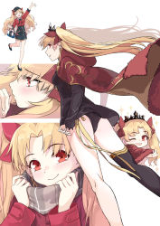 Rule 34 | 1girl, absurdres, ass, back, black dress, black thighhighs, blonde hair, breasts, cape, chibi, coffeekite, contemporary, dress, earrings, ereshkigal (fate), ereshkigal (under the same sky) (fate), fate/grand order, fate (series), gold trim, hair ribbon, highres, hood, hooded cape, hoop earrings, jewelry, long hair, looking at viewer, medium breasts, multiple views, parted bangs, red eyes, ribbon, scarf, single sleeve, single thighhigh, skull, smile, spine, thighhighs, thighs, tiara, two side up, under the same sky