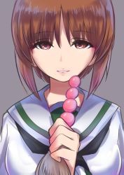 Rule 34 | 10s, 14sai bishoujo (shoutarou), 1girl, anal beads, anal tail, breasts, brown eyes, brown hair, butt plug, commentary request, eyebrows, fake tail, food, girls und panzer, highres, large breasts, looking at viewer, nishizumi miho, ooarai school uniform, school uniform, serafuku, sex toy, smile, solo, tail, upper body