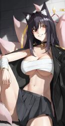 Rule 34 | 1girl, absurdres, animal ear fluff, animal ears, bandaged arm, bandages, bell, black choker, black hair, black jacket, black skirt, breasts, choker, cleavage, fox ears, fox girl, fox tail, grin, highres, jacket, jacket on shoulders, jingle bell, kitsune, knee up, large breasts, long hair, looking at viewer, midriff, miniskirt, multiple tails, navel, original, pleated skirt, sarashi, sitting, skirt, smile, so shio, solo, stomach, tail, thighs, underboob, yellow eyes
