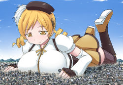 Rule 34 | 10s, 1girl, beret, blonde hair, breasts, brown thighhighs, city, detached sleeves, drill hair, fingerless gloves, giant, giantess, gloves, hair ornament, hairpin, hat, huge giantess, large breasts, lying, magical girl, mahou shoujo madoka magica, mahou shoujo madoka magica (anime), on stomach, puffy sleeves, smile, solo, striped clothes, striped thighhighs, terada ochiko, thighhighs, tomoe mami, twin drills, vertical-striped clothes, vertical-striped thighhighs, yellow eyes