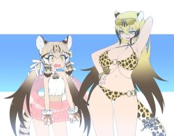 Rule 34 | 2girls, animal ears, animal print, arm behind head, arm up, armpits, bare arms, bare shoulders, bikini, blonde hair, breasts, brown hair, cat ears, cat girl, cat tail, cheetah (kemono friends), cheetah ears, cheetah print, cheetah tail, colored inner hair, cuffs, dated, extra ears, eyewear on head, fang, fangs, furrowed brow, geoffroy&#039;s cat (kemono friends), grey hair, hair ribbon, hand on own hip, height difference, innertube, kemono friends, large breasts, long hair, looking at another, multicolored hair, multiple girls, navel, one-piece swimsuit, open mouth, print bikini, ribbon, sidelocks, signature, smile, sparkle, standing, stomach, sunglasses, swim ring, swimsuit, tail, twintails, two-tone hair, very long hair, yellow eyes, yoshida hideyuki
