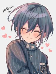 Rule 34 | 1boy, blush, breast pocket, buttons, closed eyes, danganronpa (series), danganronpa v3: killing harmony, double-breasted, facing viewer, heart, highres, jacket, long sleeves, male focus, no ahoge, pocket, saihara shuichi, simple background, smile, solo, striped clothes, striped jacket, translation request, urami0310