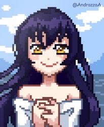 Rule 34 | 1girl, 8-bit, artist name, artist request, bare shoulders, blue hair, blue sky, blush, breasts, brown eyes, cloud, collarbone, day, dress, female focus, hair between eyes, long hair, looking at viewer, love live!, love live! school idol project, outdoors, own hands together, parted lips, sky, small breasts, smile, solo, sonoda umi, upper body, white dress, yellow eyes