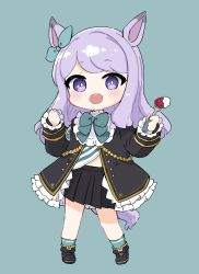 Rule 34 | 1girl, :d, animal ears, black footwear, black jacket, black skirt, blue background, blue bow, blue ribbon, blue socks, blush, boots, bow, chibi, commentary request, cream, ear ribbon, food, fork, frilled jacket, frilled sleeves, frills, fruit, full body, highres, holding, holding fork, horse ears, horse girl, horse tail, jacket, long sleeves, looking at viewer, nozo (hitomiz), open mouth, pleated skirt, purple eyes, purple hair, ribbon, short eyebrows, simple background, skirt, sleeves past wrists, smile, socks, solo, standing, strawberry, swept bangs, tail, teeth, thick eyebrows, umamusume, upper teeth only