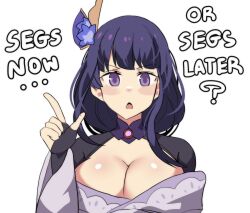 Rule 34 | 1girl, absurdres, breasts, bridal gauntlets, cleavage, commentary, english commentary, english text, finger gun, genshin impact, hair ornament, highres, hinghoi, japanese clothes, kimono, large breasts, looking at viewer, meme, open mouth, purple eyes, purple hair, purple kimono, raiden shogun, seggs (meme), shrug (clothing), simple background, solo, triangle mouth, white background