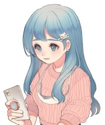 Rule 34 | 1girl, blue eyes, blue hair, blush, cat hair ornament, cellphone, commentary request, earrings, hair ornament, hairclip, highres, jewelry, korean commentary, kukux62, long hair, mask, unworn mask, open mouth, original, phone, pink sweater, smartphone, solo, sweater