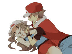 Rule 34 | 00s, 1boy, 1girl, bad id, bad pixiv id, baseball cap, brown hair, constricted pupils, creatures (company), creepy, crying, cutting hair, game freak, green (pokemon), hat, holding, horror (theme), long hair, nintendo, open mouth, pokemon, pokemon frlg, pumpkinpan, red (pokemon), red (pokemon frlg), scared, scissors, simple background, smile, tears, yandere