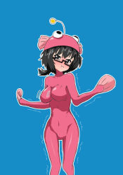 Rule 34 | 1girl, anglerfish costume, black hair, blue background, blue eyes, blush, bodysuit, bouncing breasts, breasts, covered navel, embarrassed, girls und panzer, glasses, highres, looking at viewer, mal (malmlamal), medium breasts, oryou (girls und panzer), pink bodysuit, pout, short hair, simple background, solo