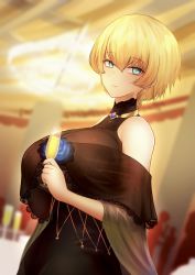 Rule 34 | 1girl, absurdres, black dress, blonde hair, blue eyes, breasts, closed mouth, cup, dress, earrings, girls&#039; frontline, glass, guchagucha, highres, holding, holding cup, jewelry, large breasts, looking at viewer, mole, mole under eye, necktie, short hair, smile, solo, vsk-94 (girls&#039; frontline), vsk-94 (night on the silver bay) (girls&#039; frontline)
