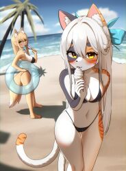 Rule 34 | 2girls, absurdres, animal ear fluff, animal ears, beach, bikini, black bikini, blonde hair, blue bow, blue sky, blush, borrowed character, bow, breasts, cat ears, cat girl, cat tail, day, female focus, food, fox ears, fox girl, fox tail, furry, furry female, hair bow, highleg, highleg bikini, highres, ice cream cone, jeifier (korfiorano01), long hair, looking at viewer, medium breasts, multiple girls, multiple tails, navel, original, palm tree, ponytail, popsicle, shadow, sky, standing, swimsuit, tail, tongue, tree, white hair, yellow eyes