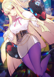 Rule 34 | 1girl, black footwear, blonde hair, blurry, blurry background, blush, bow, braid, breasts, brown skirt, calder, commentary request, copyright request, depth of field, hair bow, high heels, highres, holding, long hair, looking at viewer, medium breasts, neck ribbon, pantyhose, parted lips, pink bow, pink ribbon, puffy short sleeves, puffy sleeves, purple pantyhose, red eyes, ribbon, shirt, shoes, short sleeves, skirt, solo, standing, standing on one leg, very long hair, white shirt, wide sleeves