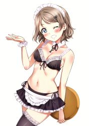 Rule 34 | 1girl, absurdres, bare shoulders, bikini, black bikini, black bra, black thighhighs, blue eyes, blush, bra, breasts, cleavage, collarbone, detached collar, frilled skirt, frills, front-tie bikini top, front-tie top, hair ornament, hairclip, head tilt, highres, holding, holding tray, lace, lace-trimmed legwear, lace trim, looking at viewer, love live!, love live! sunshine!!, maid, maid bikini, maid headdress, medium breasts, microskirt, miniskirt, navel, one eye closed, panties, sankuro (agoitei), scan, scrunchie, short hair, side-tie bikini bottom, side-tie panties, simple background, skirt, smile, solo, stomach, string panties, swimsuit, thighhighs, thighs, tray, unconventional maid, underwear, watanabe you, white background, wrist scrunchie