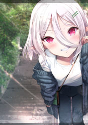 Rule 34 | :d, absurdres, bag, bent over, black jacket, black pants, blush, casual, day, elf, grin, handbag, highres, jacket, kokkoro (princess connect!), light rays, long sleeves, looking at viewer, natsushima memo, open clothes, open jacket, open mouth, outdoors, pants, parted lips, pink eyes, poi, pointy ears, princess connect!, shirt, short hair, shoulder bag, smile, stairs, standing, sunbeam, sunlight, white hair, white shirt