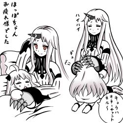 Rule 34 | 10s, 2girls, = =, abyssal ship, ahoge, anklet, barefoot, blanket, claws, comic, horns, hug, jewelry, kantai collection, long hair, lying, md5 mismatch, monochrome, multiple girls, northern ocean princess, open mouth, pillow, red eyes, roshiakouji-chan, seaport princess, single horn, sleeping, smile, translation request, white hair