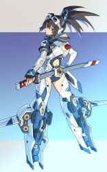 Rule 34 | 1girl, back cutout, blue eyes, brown hair, clothing cutout, commentary request, cup, degarashi (ponkotsu), fingerless gloves, gloves, goggles, goggles on head, hand on own hip, holding, holding cup, looking at viewer, mecha musume, original, ponytail, sheath, smile, solo, standing, sword, thighhighs, thrusters, two-tone background, unsheathing, weapon