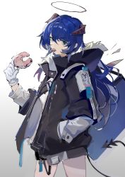 Rule 34 | 1girl, absurdres, arknights, black halo, black jacket, black shorts, black wings, blouse, blue eyes, blue hair, caicaizi (dois1), cowboy shot, dark halo, demon girl, demon horns, demon tail, detached wings, doughnut, eating, energy wings, food, fur-trimmed hood, fur trim, gloves, hair between eyes, halo, hand in pocket, hand up, highres, holding, holding food, hood, hood down, hooded jacket, horns, jacket, long hair, long sleeves, looking at viewer, mostima (arknights), mouth hold, open clothes, open jacket, shirt, shorts, simple background, solo, tail, white background, white gloves, white shirt, wings