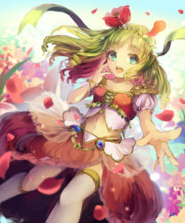 Rule 34 | 1girl, blue eyes, flower, gradient background, green hair, hair flower, hair ornament, kogome (azalea4), midriff, open mouth, original, outstretched hand, petals, ribbon, shingoku no valhalla gate, solo, thighhighs, white thighhighs, wristband