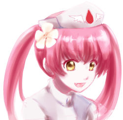 Rule 34 | 1girl, :d, borrowed character, ebola-chan, fang, flower, hair flower, hair ornament, hat, long hair, nurse, nurse cap, open mouth, original, personification, pink hair, pink theme, portrait, simple background, smile, solo, twintails, upper body, white background, yellow eyes, zatsudan