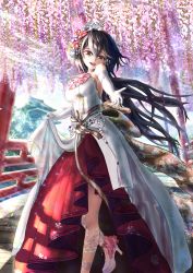 Rule 34 | 1girl, azur lane, beads, black hair, breasts, cherry blossoms, dress, gloves, hair between eyes, hair ornament, hand up, highres, horns, long hair, looking at viewer, mikasa (azur lane), multicolored clothes, multicolored dress, numataromomon, oni, open mouth, red dress, ribbon, smile, solo, temple, very long hair, wedding dress, white dress, white footwear, white gloves, white legwear, yellow eyes