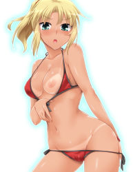 Rule 34 | &gt;:o, 1girl, :o, bare arms, bare shoulders, bikini, bikini pull, bikini tan, black ribbon, blonde hair, blue background, blush, breasts, cameltoe, chestnut mouth, clothes pull, collarbone, contrapposto, covered erect nipples, cowboy shot, fate/grand order, fate (series), front-tie bikini top, front-tie top, gradient background, green eyes, groin, halterneck, highres, leaning to the side, long hair, looking at viewer, medium breasts, mordred (fate), mordred (fate) (all), mordred (fate/apocrypha), mordred (swimsuit rider) (fate), mordred (swimsuit rider) (first ascension) (fate), navel, nipples, one breast out, parted bangs, ponytail, pulled by self, red bikini, ribbon, shiny skin, side-tie bikini bottom, sidelocks, solo, standing, stomach, strap gap, string bikini, swimsuit, tan, tanline, v-shaped eyebrows, yoshi tama