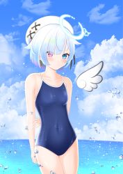 Rule 34 | 1girl, amemiya nazuna, angel wings, arms behind back, blue eyes, blue one-piece swimsuit, blue sky, breasts, cloud, commentary request, commission, competition school swimsuit, covered navel, day, earrings, hair ornament, halo, heterochromia, highres, horizon, jewelry, key, looking at viewer, ocean, one-piece swimsuit, outdoors, pink eyes, pixiv commission, school swimsuit, short hair, single wing, sky, small breasts, solo, surgate matias, swimsuit, virtual youtuber, vshojo, water drop, white hair, white headwear, wings, x hair ornament