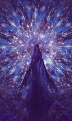 Rule 34 | 1girl, arms at sides, backlighting, black hair, blue background, blue dress, blue theme, breasts, dress, gujian qitan, highres, ibuki satsuki, long dress, long hair, looking at viewer, original, purple theme, reflective floor, robe, sleeves past fingers, sleeves past wrists, solo, sparkle, stained glass, standing, straight hair, very long hair, wide sleeves