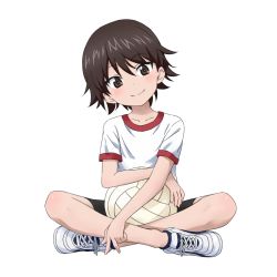 Rule 34 | 10s, 1girl, absurdres, ball, bike shorts, black shorts, brown eyes, brown hair, commentary request, girls und panzer, gym shirt, gym uniform, highres, holding, holding ball, isobe noriko, laika (sputnik2nd), shirt, shoes, short hair, short sleeves, shorts, simple background, sneakers, solo, t-shirt, volleyball (object), white background, white shirt