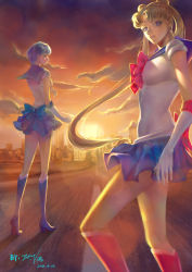 Rule 34 | 2girls, absurdres, bishoujo senshi sailor moon, blonde hair, blue bow, blue footwear, blue hair, blue sailor collar, blue skirt, boots, bow, cityscape, elbow gloves, evening, gloves, highres, knee boots, long hair, looking at viewer, mizuno ami, multiple girls, parted lips, red bow, red footwear, sailor collar, sailor mercury, sailor moon, signature, skirt, sunlight, sunset, tsukino usagi, twilight, twintails, very long hair, white gloves, zoe (zoelawliet)