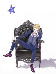 Rule 34 | 1boy, arm support, armchair, blonde hair, blue jacket, blue necktie, blue pants, chair, curly hair, expressionless, formal, full body, giorno giovanna, hand on own cheek, hand on own face, jacket, jojo no kimyou na bouken, leg up, looking at viewer, male focus, necktie, open clothes, open jacket, pants, purple footwear, sculpture, shadow, shoes, simple background, sitting, solo, star (symbol), suit, tie clip, uona, vento aureo, white background