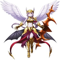 Rule 34 | 1girl, angel wings, armor, bare shoulders, bat wings, bow (weapon), breasts, clawed gauntlets, fang, feathered wings, gauntlets, gold armor, greaves, helmet, looking at viewer, navel, official art, overlord (maruyama), pale skin, red eyes, shalltear bloodfallen, simple background, small breasts, solo, tagme, vampire, weapon, white background, white hair, white wings, winged helmet, wings