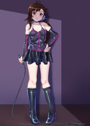 Rule 34 | 1girl, ahoge, bare shoulders, black footwear, black skirt, blush, boots, breasts, bridal gauntlets, brown eyes, brown hair, commentary, dominatrix, grin, hair ornament, hair scrunchie, hairclip, highres, holding, holding whip, knee boots, long hair, looking at viewer, nisekoi, nuppunuppu, onodera haru, scrunchie, shiny clothes, side ponytail, skirt, small breasts, smile, solo, teeth