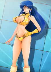 Rule 34 | 1girl, absurdres, bare arms, bare shoulders, blue eyes, blue hair, boots, breasts, cleavage, closed mouth, commentary request, covered collarbone, covered erect nipples, crop top, dirty pair, earrings, fingernails, hand on own hip, highleg, highleg panties, highres, jewelry, knee boots, large breasts, long hair, long sleeves, looking at viewer, midriff, nanashi noiji, navel, panties, shadow, shiny clothes, simple background, smile, solo, stomach, thighs, underwear, yuri (dirty pair)