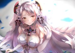 Rule 34 | 1girl, absurdres, adapted costume, alternate costume, antenna hair, azur lane, bare shoulders, blue gemstone, blush, breasts, bridal gauntlets, bridal veil, brown eyes, choker, cleavage, closed mouth, clothes lift, commentary, commentary request, dress, dress lift, floating hair, gem, gloves, hair between eyes, half-closed eyes, hand up, headgear, highres, jewelry, large breasts, lifting own clothes, long hair, looking at viewer, mole, mole on breast, multicolored hair, no bra, numaguro (tomokun0808), ornate ring, outdoors, prinz eugen (azur lane), prinz eugen (symphonic fate) (azur lane), red hair, ribbon, ring, see-through, silver hair, smile, solo, strapless, strapless dress, streaked hair, tearing up, two side up, upper body, veil, very long hair, wedding dress, white dress, white gloves, wind, wind lift