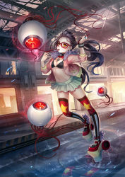 Rule 34 | 1girl, black hair, bra, bracelet, breasts, brown eyes, cable, cleavage, eyeball, glasses, highres, j.lili, jacket, jewelry, long hair, mouth hold, navel, necklace, open clothes, open jacket, open shirt, original, platform footwear, red-framed eyewear, ring, shirt, skirt, sleeves pushed up, small breasts, solo, thighhighs, twintails, underwear, wheel, wire