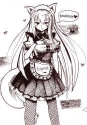 Rule 34 | 10s, 1girl, absurdres, animal ears, apron, bell, blush, cat ears, cat tail, character name, cleavage cutout, clothing cutout, coconut (nekopara), fishnet legwear, fishnets, frills, graphite (medium), greyscale, hand on own chest, heart, heterochromia, highres, jingle bell, long hair, looking at viewer, maid, maid apron, maid headdress, monochrome, nekopara, puffy short sleeves, puffy sleeves, sevenfivefive, short sleeves, simple background, sketch, smile, solo, speech bubble, tail, traditional media, twitter username, very long hair, waist apron, white background