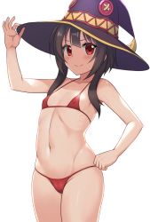 Rule 34 | 1girl, arm up, bare arms, bare shoulders, bikini, black hair, black hat, blush, breasts, collarbone, commentary request, cowboy shot, groin, hand on headwear, hat, hormone koijirou, kono subarashii sekai ni shukufuku wo!, long hair, looking at viewer, megumin, micro bikini, navel, red bikini, red eyes, revision, short hair, short hair with long locks, simple background, small breasts, smile, solo, swimsuit, white background, witch hat