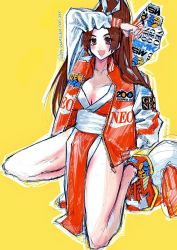 1girl, :d, arm behind back, arm up, blush, breasts, brown eyes, brown hair, cleavage, collarbone, eyelashes, fan, fatal fury, folding fan, high ponytail, highres, holding, holding fan, jacket, long hair, long sleeves, looking at viewer, medium breasts, multicolored footwear, open clothes, open jacket, open mouth, outline, pelvic curtain, ponytail, poririna, revealing clothes, sash, shiranui mai, shoelaces, shoes, simple background, smile, sneakers, solo, the king of fighters, twitter username, unzipped, very long hair, white outline, yellow background, zipper