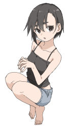 Rule 34 | 1girl, absurdres, bare arms, bare shoulders, black camisole, black eyes, black hair, blue shorts, camisole, collarbone, commentary request, eyebrows hidden by hair, full body, hair between eyes, highres, kagawa rin, looking at viewer, own hands together, short eyebrows, short hair, short shorts, shorts, simple background, solo, soredemo ayumu wa yosetekuru, thick eyebrows, white background, yamamoto souichirou