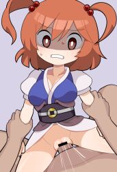 Rule 34 | 1boy, 1girl, arm grab, bar censor, black sash, blue vest, bottomless, breasts, bright pupils, brown sash, censored, cleavage, clenched teeth, coin, coin on string, commentary, cookie (touhou), cowboy shot, grey background, hair between eyes, hetero, hospital king, large breasts, looking at viewer, medium bangs, medium hair, obi, onozuka komachi, penis, puffy short sleeves, puffy sleeves, pussy, red eyes, red hair, sash, sex, shaded face, shirt, shishou (cookie), short sleeves, simple background, solo focus, sweat, teeth, textless version, touhou, two side up, vaginal, vest, white pupils, white shirt