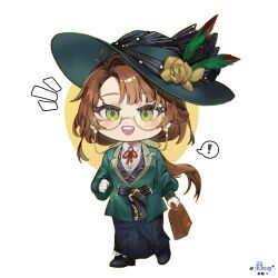 ! 1girl :d artist_name bag black_footwear black_skirt brown_bag brown_hair chibi collared_shirt eyewear_strap feathers flower full_body glasses gloves green_eyes green_feathers green_hat green_jacket hat hat_feather hat_flower highres holding holding_bag jacket kakania_(reverse:1999) kero017 long_hair long_skirt looking_at_viewer low_ponytail neck_ribbon notice_lines open_mouth pencil_skirt picture_hat red_ribbon reverse:1999 ribbon round_eyewear semi-rimless_eyewear shirt skirt smile solo speech_bubble spoken_exclamation_mark standing teeth under-rim_eyewear upper_teeth_only white_background white_gloves white_shirt yellow_flower