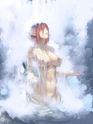 Rule 34 | 1girl, breasts, closed eyes, covered erect nipples, earrings, elf, faustsketcher, highres, jewelry, large breasts, long hair, naked robe, navel, open clothes, open robe, original, pointy ears, red hair, robe, see-through, solo, steam, uncensored, water, waterfall, wet, wet clothes