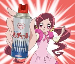 Rule 34 | 10s, 1girl, can, close-up, english text, engrish text, eyelashes, hanasaki tsubomi, heartcatch precure!, hide twin violet, long hair, pink eyes, precure, ranguage, red hair, solo, spray, twintails