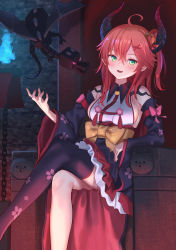 Rule 34 | 1girl, :d, ahoge, bare shoulders, black thighhighs, blush, breasts, chain, commentary request, crossed legs, dragon, ender dragon, fang, feet out of frame, green eyes, hair between eyes, hair ornament, hairclip, highres, hololive, horns, japanese clothes, long hair, looking at viewer, medium breasts, minecraft, nontraditional miko, one side up, open mouth, red hair, roke (taikodon), sakura miko, sakura miko (1st costume), sideboob, single thighhigh, sitting, smile, solo, thighhighs, throne, virtual youtuber, wide sleeves, x hair ornament